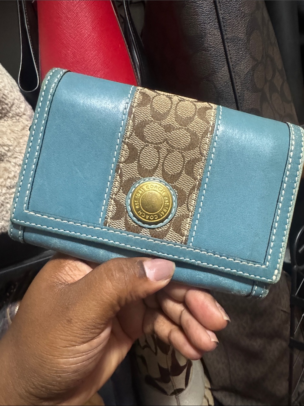 Coach Teal Leather and Signature Canvas Wallet with Gold-Tone Accent